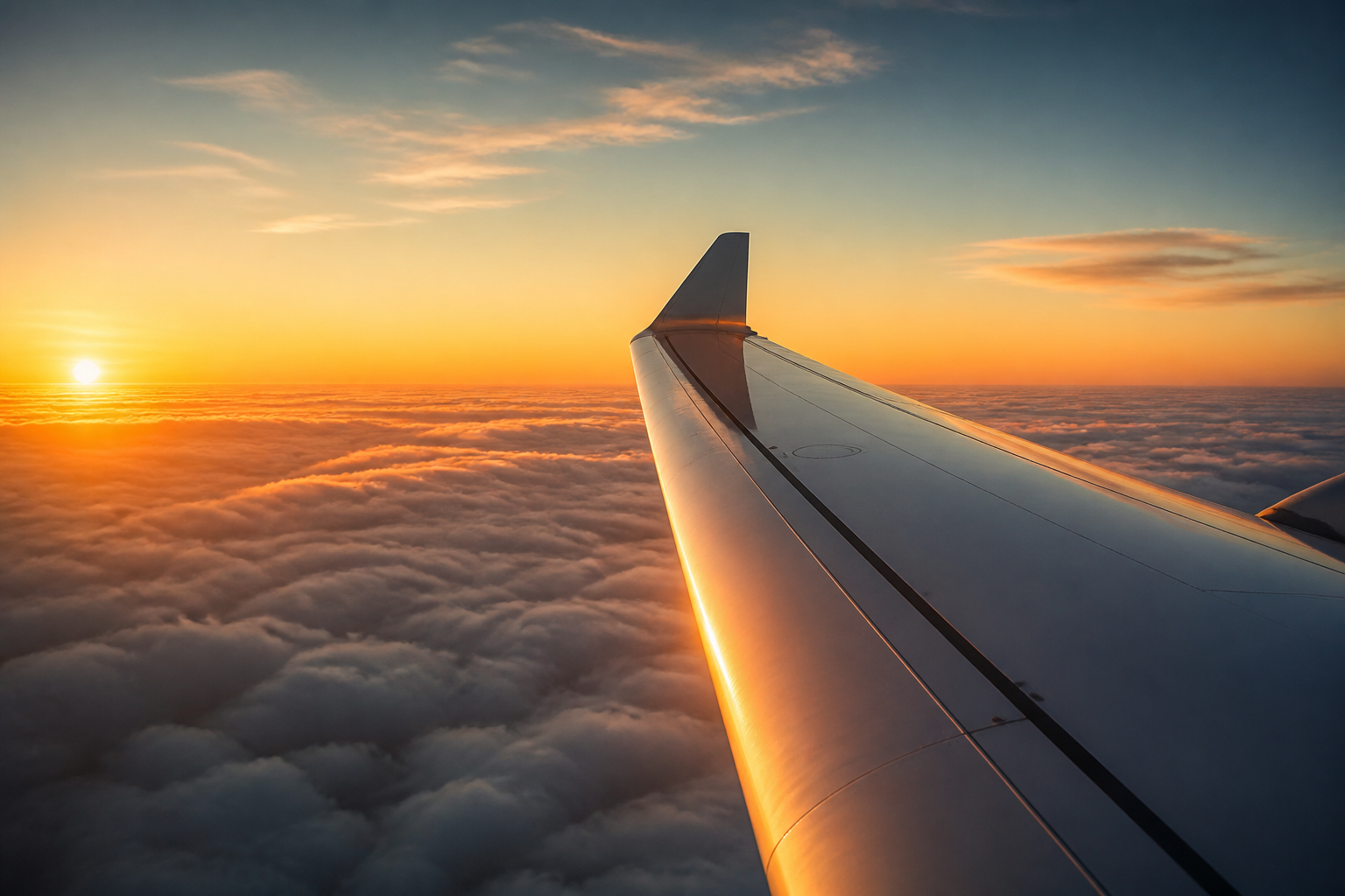 Aircraft wing over clouds at sunrise